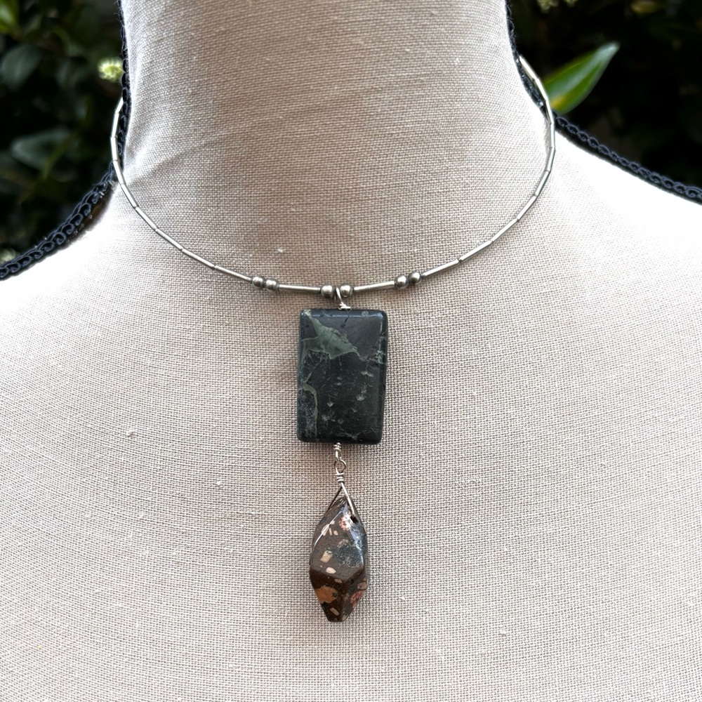 Rectangular Stone Pendant Necklace with Metallic jasper Drop. Memory wire